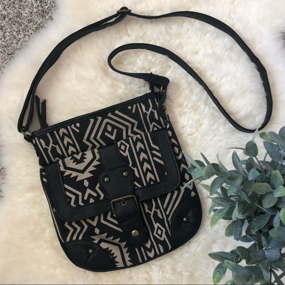 Tribal Print Crossbody Purse Black, Cream & Gold
